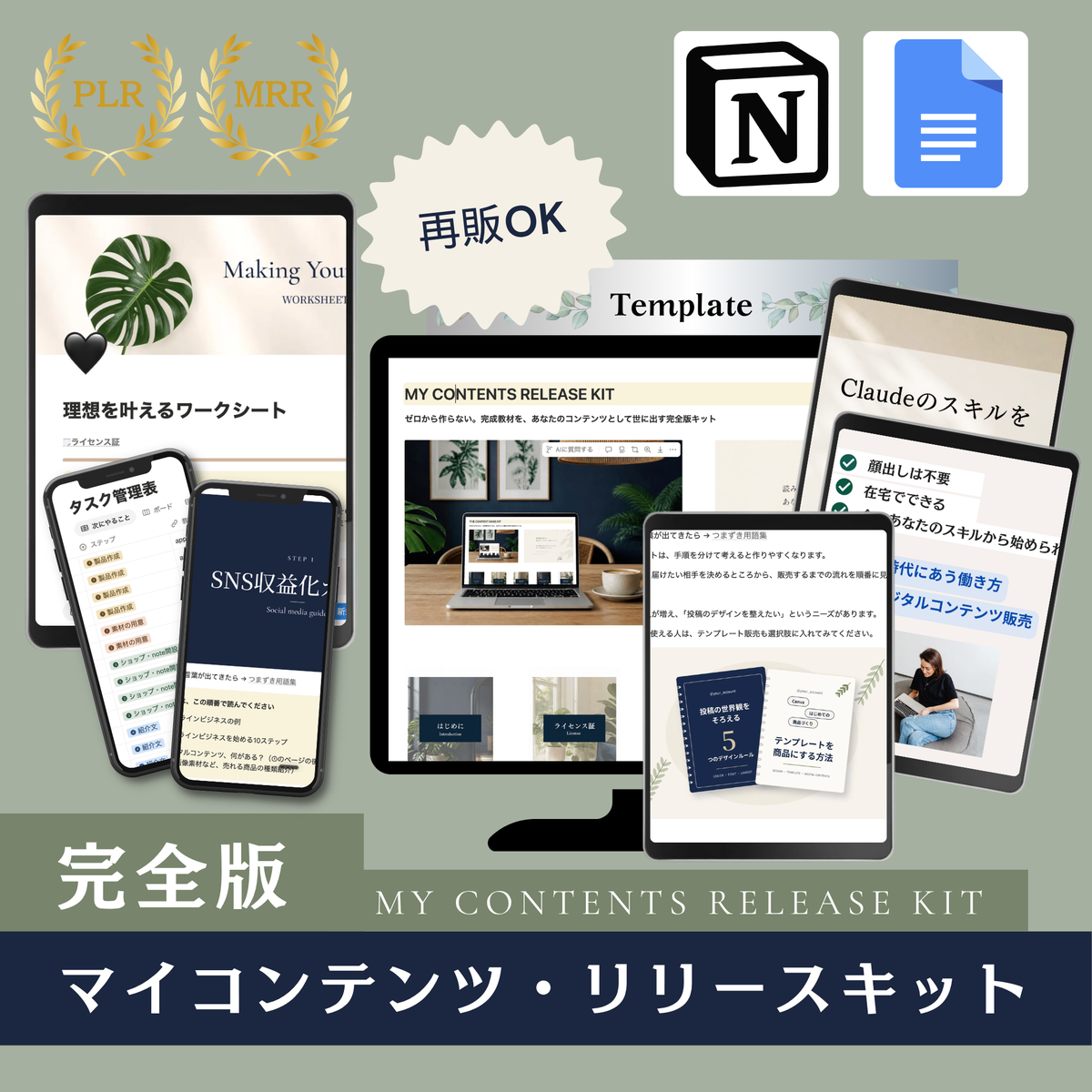 完全版：Notion版・Googleドキュメント版の画面と、ワークシート・Canvaテンプレート・AIスキル